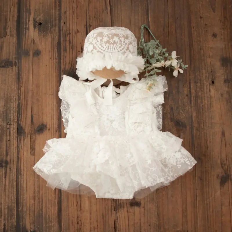 Baby Girl White Lace Pearl Dress Headband Set - Newborn Photography Outfit - Image 3